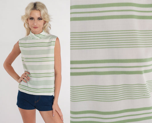 70s Green & White Striped Tank Top Mock Neck Zip Back Small