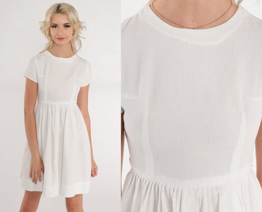 1970s White Mini Dress Empire Waist Short Sleeve Gathered Skirt 2XS
