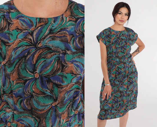 80s Silk Floral Midi Dress Cap Sleeve High Waist Abstract Print Small