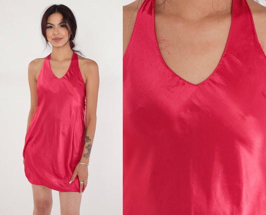 90s Dark Pink Satin Slip Dress Halter Neck Low Back Mini Large L
