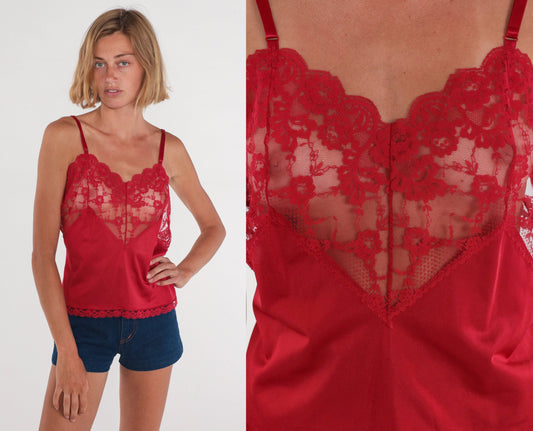 80s Body Chic Red Lace Camisole Tank Top Sheer Nylon Medium