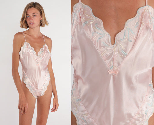 70s Pink Floral Embroidered Bodysuit Scalloped Edge Leotard Large