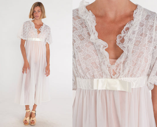 70s White Lace Peignoir Robe Midi Nightie Open Front Small S