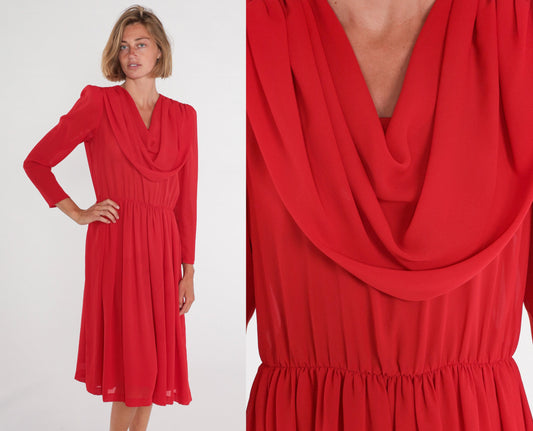 70s Red Disco Midi Dress Draped Cowl Neck Puff Sleeve High Waist Medium