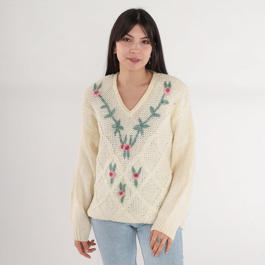 90s Cream Cable Knit Sweater V-Neck Floral Embroidered Pullover Medium