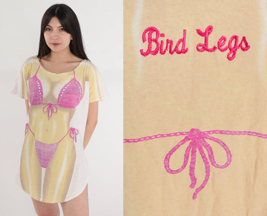 90s Airbrushed Bikini Body Graphic T-Shirt Dress Bird Legs Mini Cotton