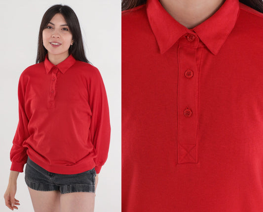80s Red Long Sleeve Polo Shirt Plain Button-Up Crewneck Medium
