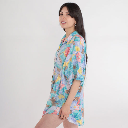 90s Tropical Leopard Floral Button-Up Blouse Turquoise Plus Size XXL