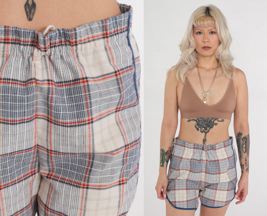 90s Plaid Swim Shorts Drawstring Board Shorts Lined Dolphin Cut Large L