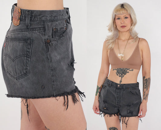 90s Levi's 501 Black Denim Cut-Off Shorts Frayed Mid Rise Large L