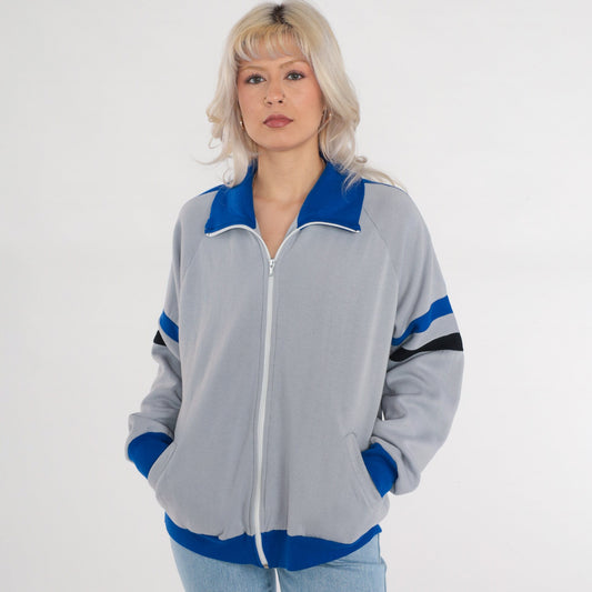 80s Grey Track Jacket Blue Black Striped Zip Up Sweatshirt Large