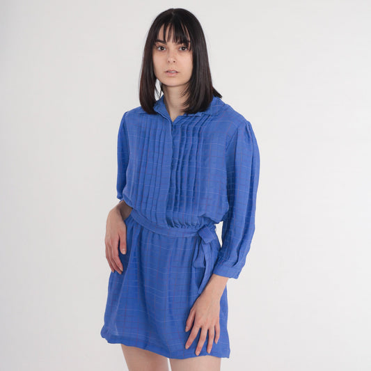 70s Ms Chaus Blue Checkered Mini Dress High Waist Pleated Button Up Medium Large