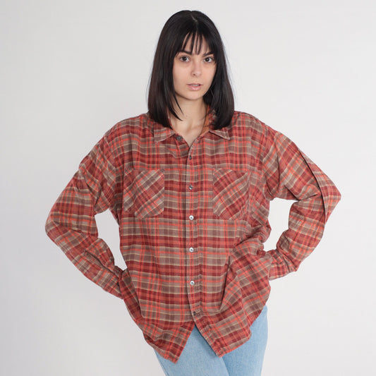 90s Haband Red Plaid Flannel Button-Up Shirt Long Sleeve Large