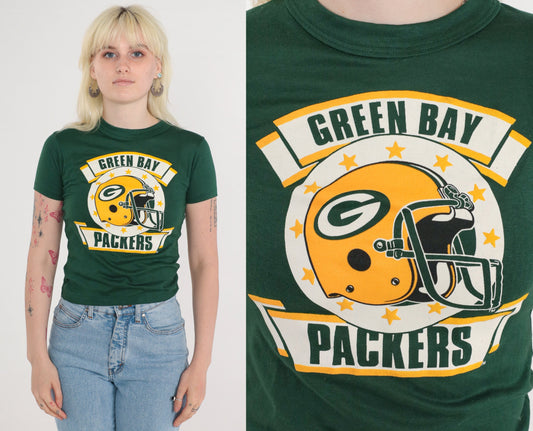 80s Green Bay Packers NFL Graphic T-Shirt New Old Stock Green Extra Small