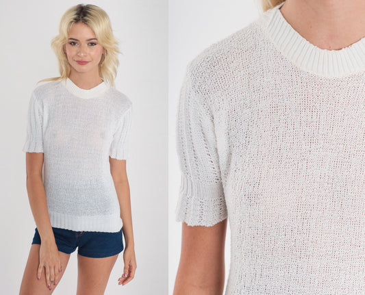 70s White Pointelle Knit Top Short Sleeve Cutout Blouse Extra Small XS
