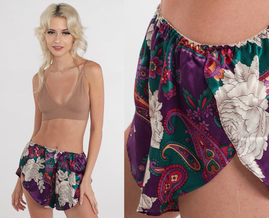 90s Paisley Floral Tap Shorts Satin Dolphin Cut Sleep Shorts Small