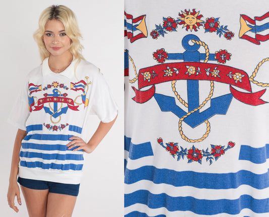 80s Karen Blake Nautical Collared Shirt White Striped Anchor Graphic Large
