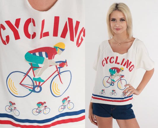 80s Cycling Graphic T-Shirt White Cotton Cutoff Neckline Large