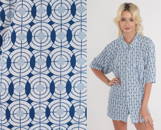 90s Geometric Circle Print Button-Up Shirt Blue White Abstract Short Sleeve Extra Large