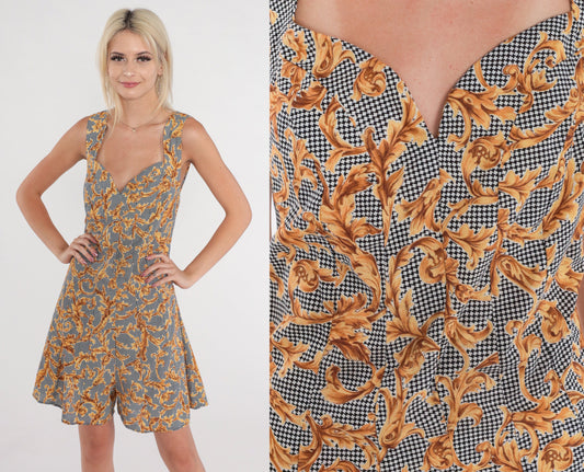 90s Houndstooth Baroque Romper Sweetheart Neckline Wide Leg Medium