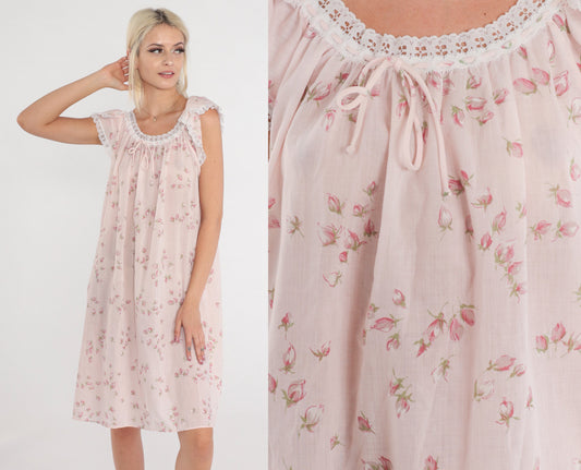 80s Floral Shift Dress Baby Pink Tulip Sleeve Lace Trim Midi Medium