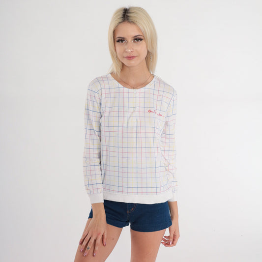 80s San Francisco Checkered Snap Shirt White Long Sleeve Small