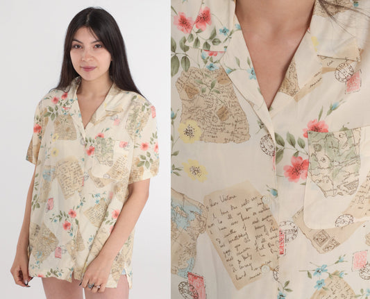90s Liz Claiborne Travel Print Button-Up Blouse Cream Floral Postcard Shirt Large
