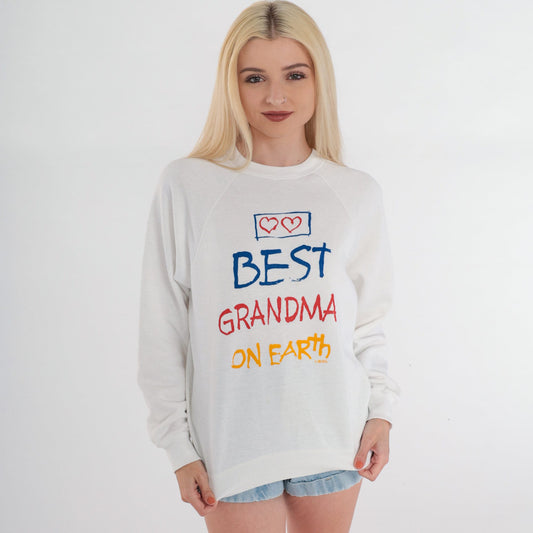 90s Best Grandma On Earth Graphic Sweatshirt White Raglan Small