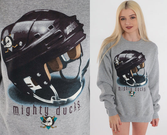 90s Mighty Ducks Anaheim NHL Hockey Sweatshirt Grey Graphic Crewneck Extra Large