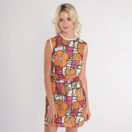 70s Floral Checkered Shift Mini Dress Sleeveless Tropical Print Small S