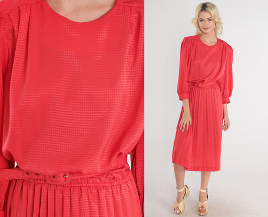 80s Red Diamond Print Midi Dress Puff Sleeve High Waisted Belted Small Medium