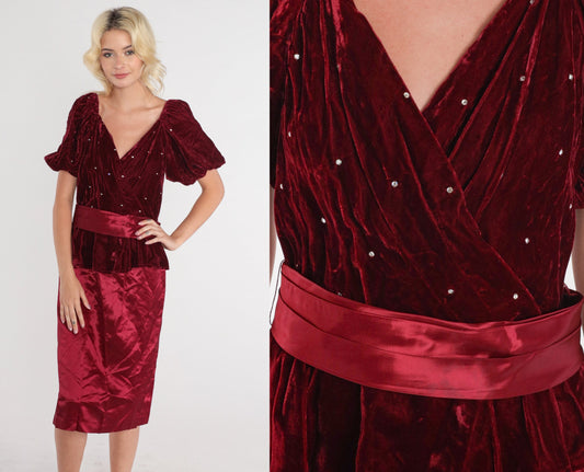 80s Burgundy Velvet Midi Dress Rhinestone Puff Sleeve V-Neck Small