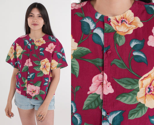 90s Liz Claiborne Floral Button-Up Blouse Fuchsia Pink Short Sleeve Medium