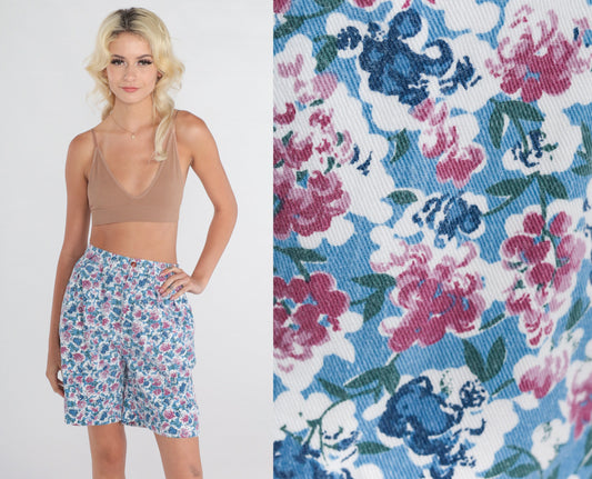 90s Hunters Run Floral Shorts High Waist White Blue Pink Knee Length Small