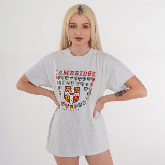 Y2K Cambridge University Graphic T-Shirt Heather Grey Crest Tee Medium