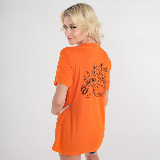 80s Sports Animals Graphic T-Shirt Orange Cartoon Porcupine Raccoon Coyote Large