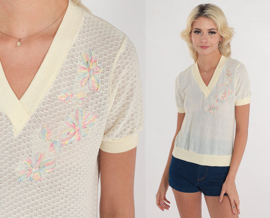 80s Floral Embroidered Knit Top Yellow V-Neck Short Sleeve Extra Small