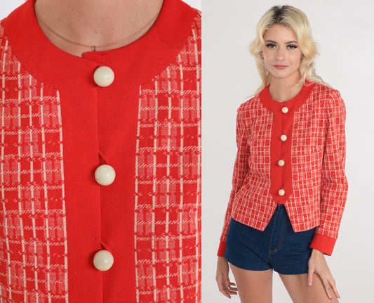 60s Pierre Delaneau Red Checkered Wool Blazer Button-Up Jacket Extra Small