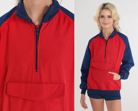 80s Compass Point Color Block Windbreaker Red Blue Quarter Zip Raglan Extra Small