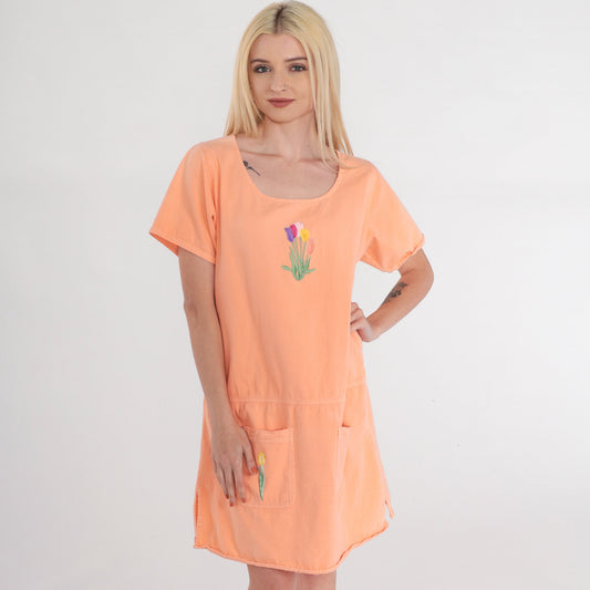 90s Tulip Embroidered Mini Dress Peach Orange Cotton Shift Pockets Medium M
