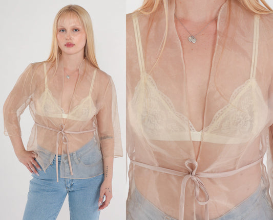 00s Sheer Tan Organza Jacket Tie Front Long Sleeve Medium Large