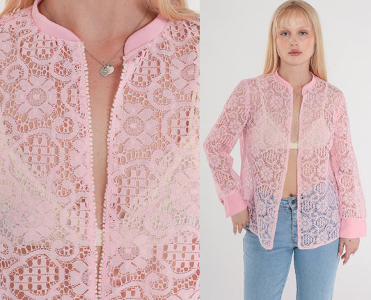 70s Pink Lace Blouse Sheer Floral Long Sleeve Open Front Medium M