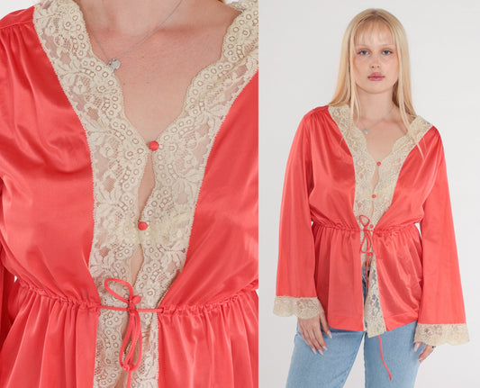 70s Coral Nylon Lace Pajama Top Button-Up Bed Jacket Long Sleeve Medium