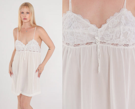 70s White Babydoll Nightgown Lace Trim Empire Waist Spaghetti Strap Mini Slip Dress Large