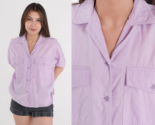 90s Lilac Cotton Button-Up Blouse Short Sleeve Collared Chest Pocket Medium