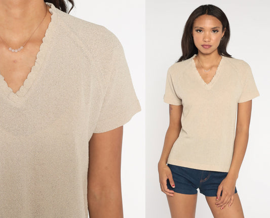 80s Beige V-Neck Raglan Sleeve T-Shirt Medium