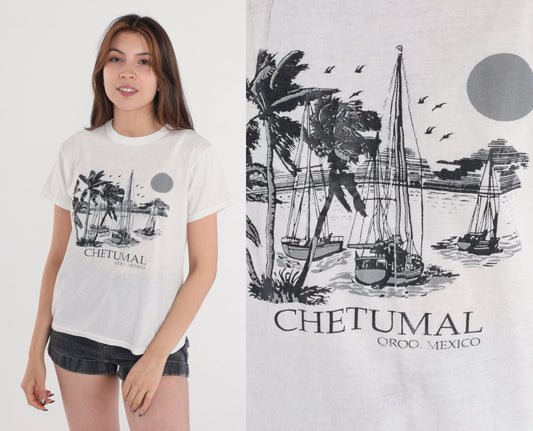 Y2K Chetumal Mexico Sailboat Graphic T-Shirt White Medium