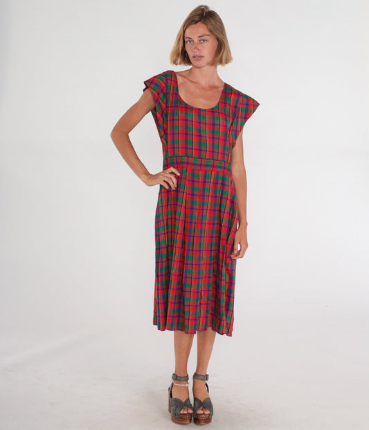 80s Red Green Plaid Pinafore Midi Dress High Waist Cap Sleeve Extra Large XXL
