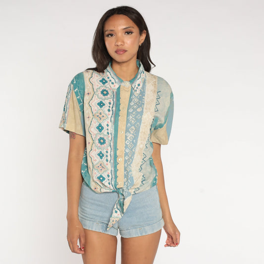 80s Geometric Striped Rayon Blouse Tie Waist Button Up Blue Green Medium