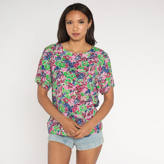 90s Floral Rayon Blouse Short Sleeve Pullover Top Neon Green Pink Purple Small S